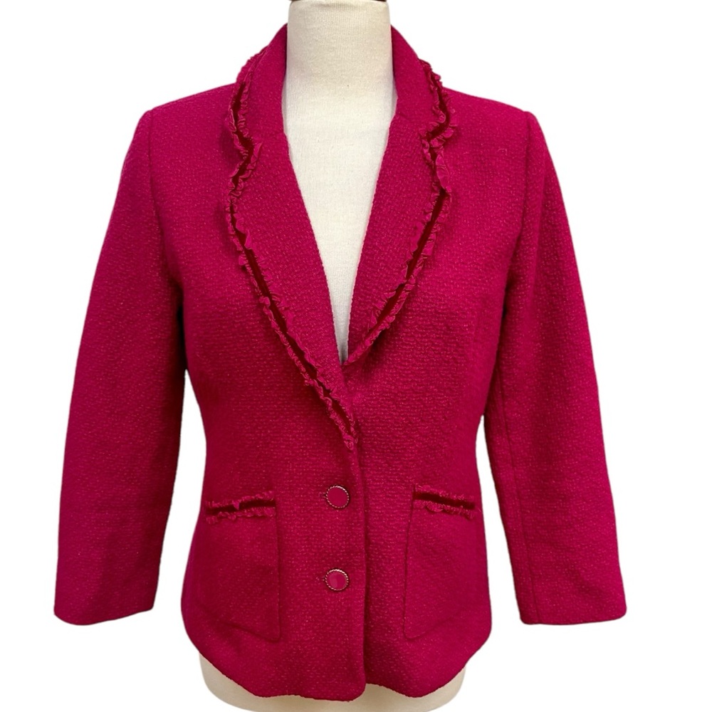 VINTAGE Joan Rivers Wool Pink Ruffle Velvet Trim Girly Blazer Women's Size 8